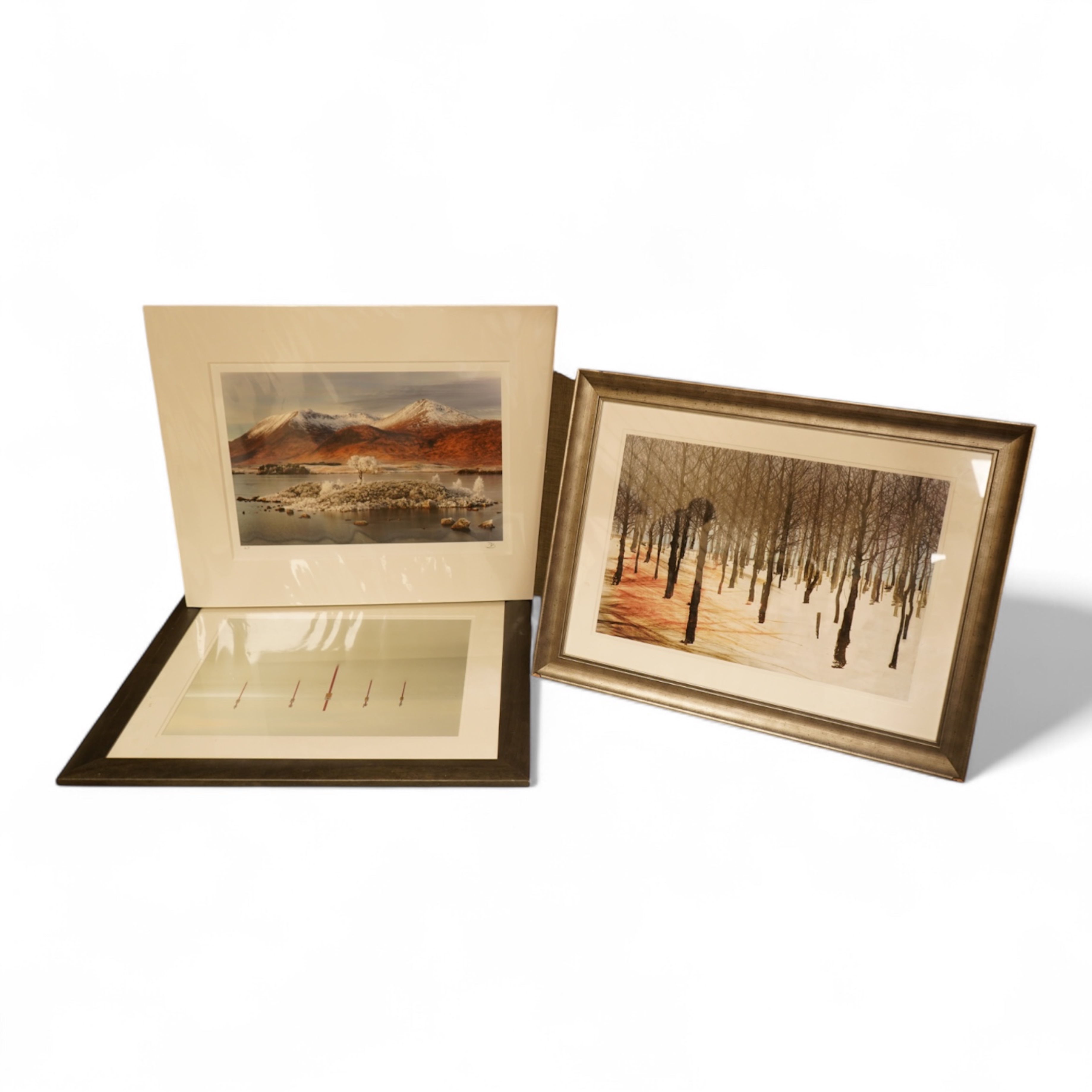 Four photographic prints to include mountainous riverscape, monogrammed DB and a woodland scene, largest 28 x 37cm, Provenance: The Tanyards Collection, East Sussex